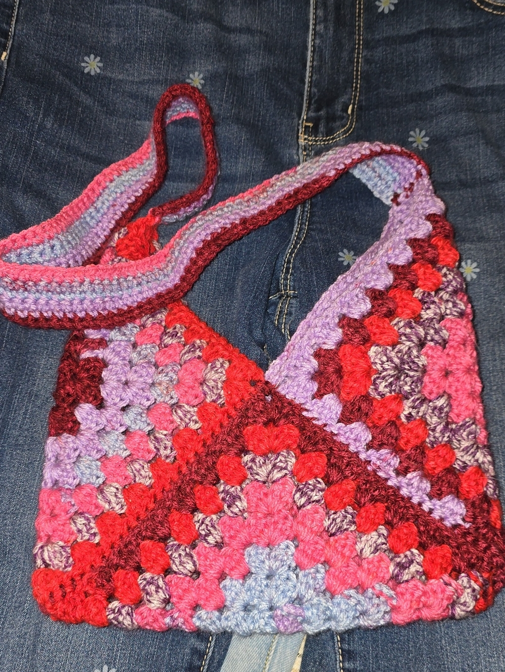 Handmade Crochet Shoulder Bag in Pink & Red